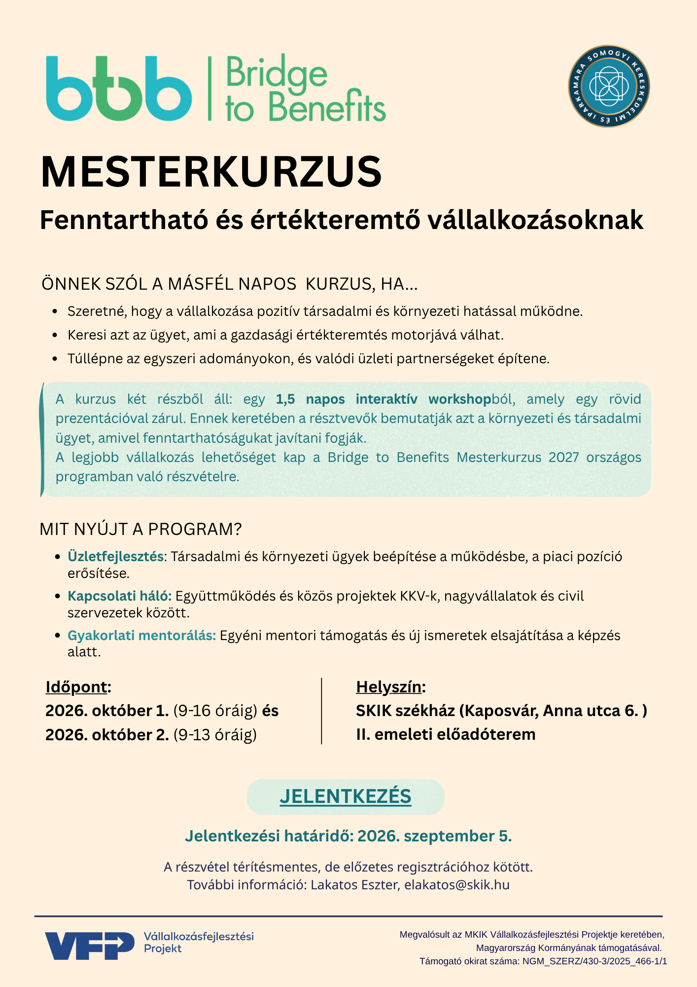 BRIDGE TO BENEFITS – Mesterkurzus fenntartható és értékteremtő vállalkozásoknak (1,5 napos workshop)